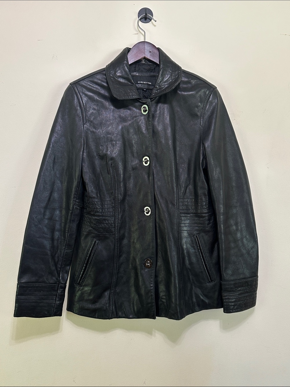 Jones New York Black Leather Button-Front Jacket